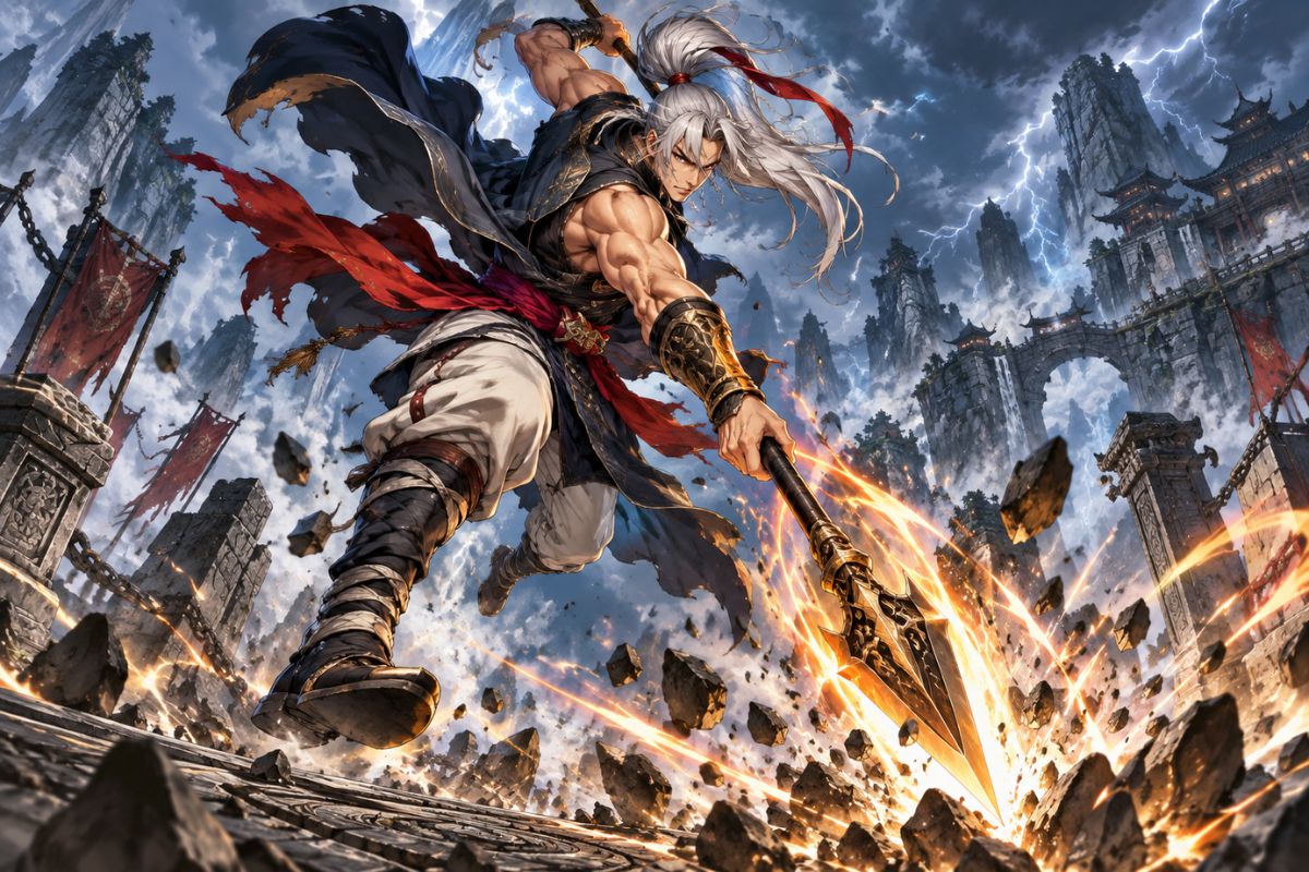 Street Fighter OC Maker white-haired warrior OC in layered combat gear leaping through a dramatic attack