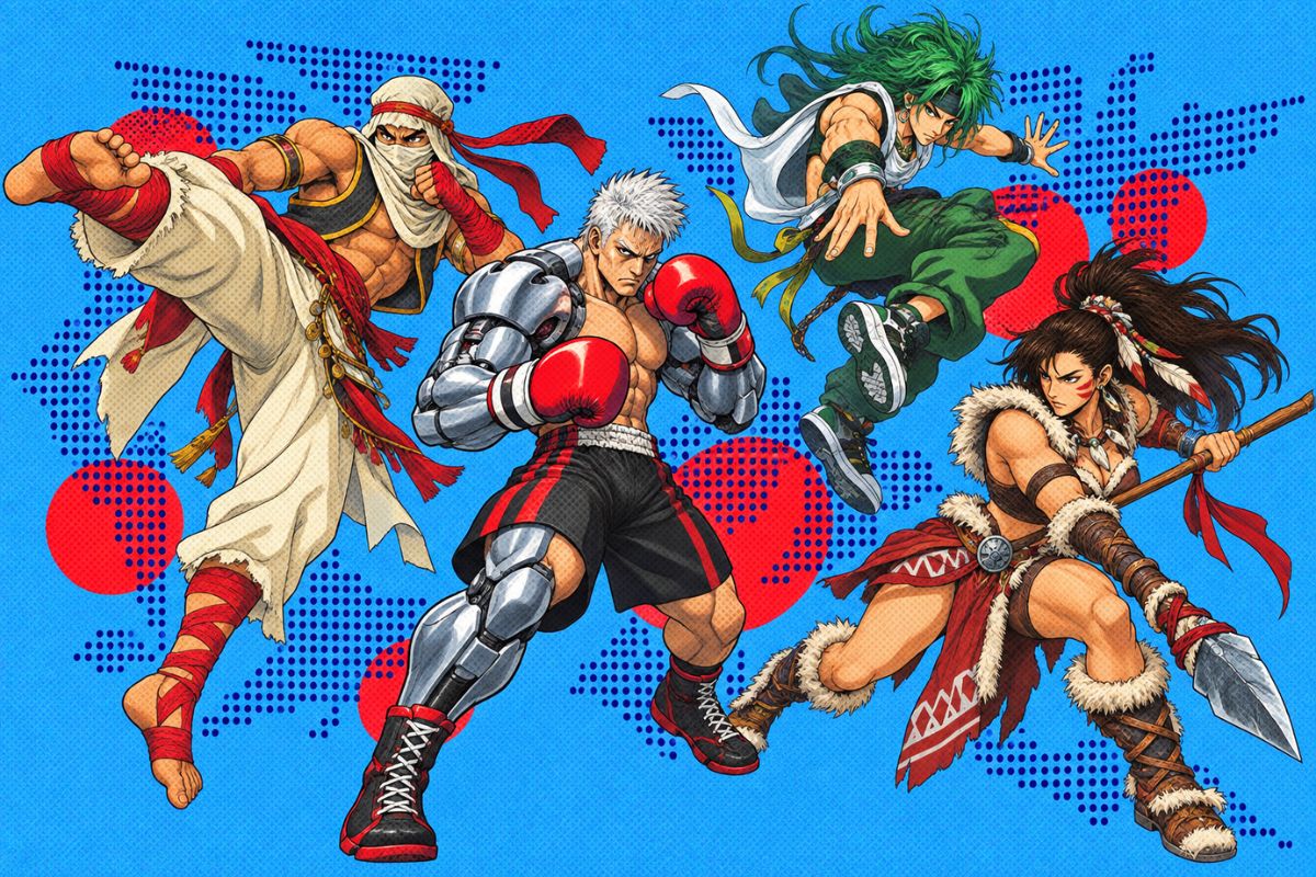 Street Fighter OC Maker example featuring an original fighting-game roster with varied fighter designs and combat styles