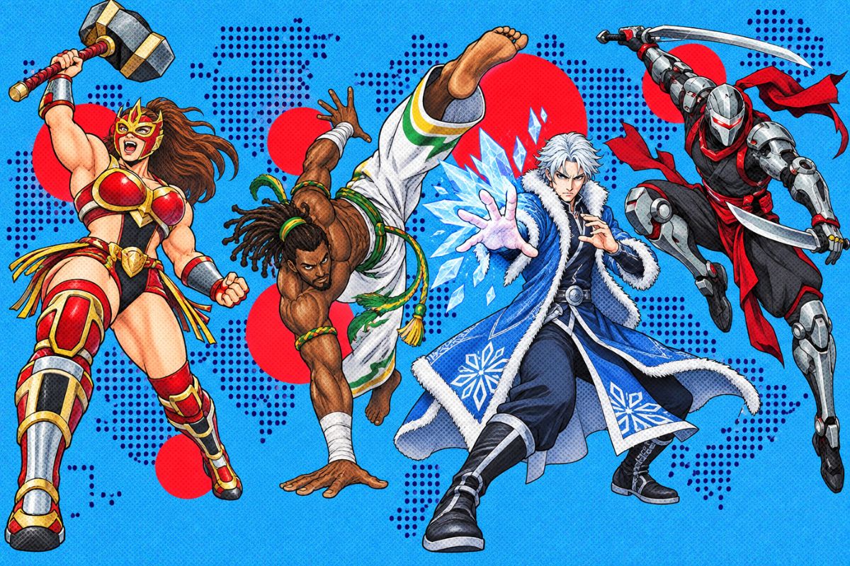 Street Fighter OC Maker original fighting-game team scene with multiple fighters facing off in colorful combat gear