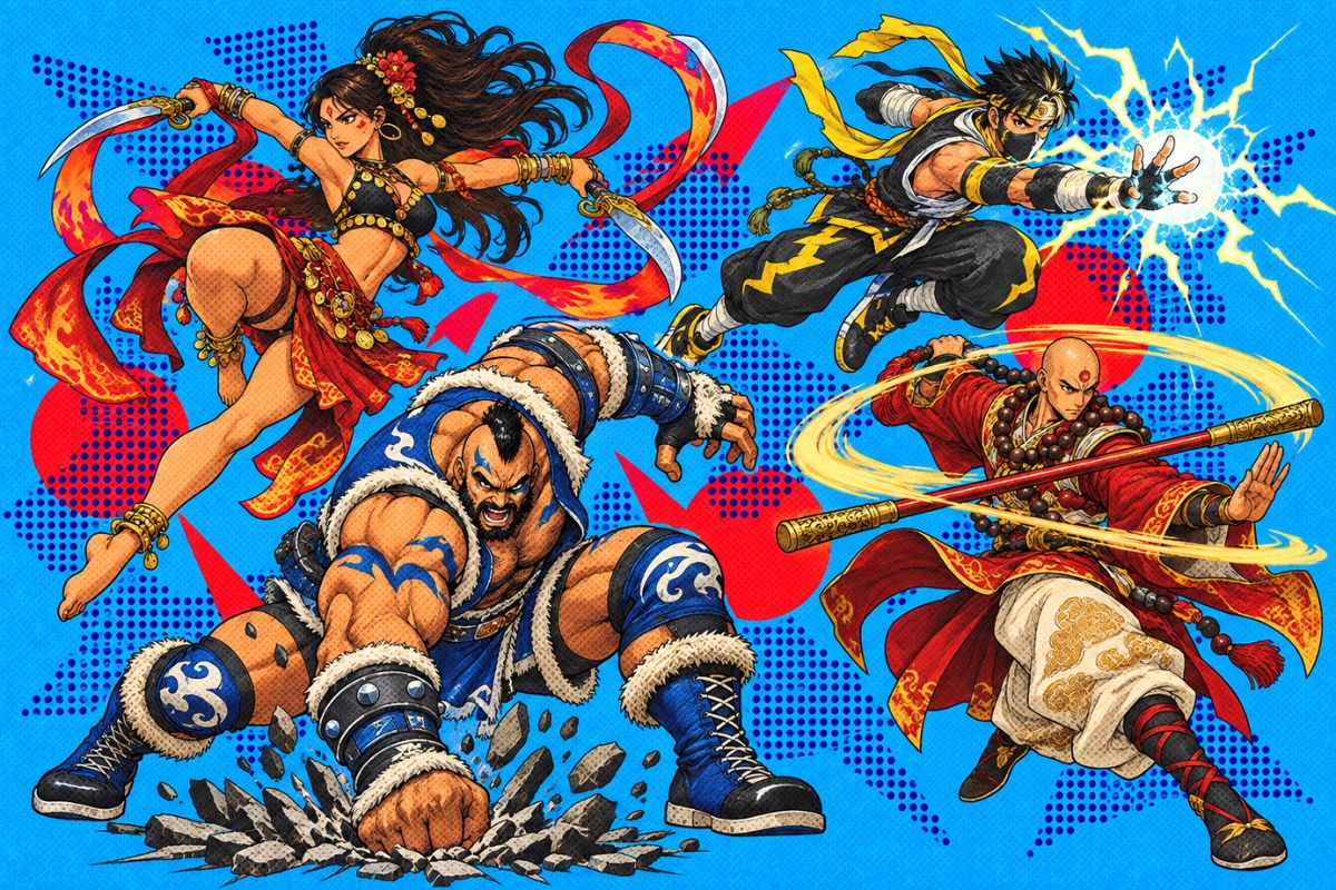 Street Fighter OC Maker special-move battle scene with women fighters, vivid energy effects, and clear combat poses