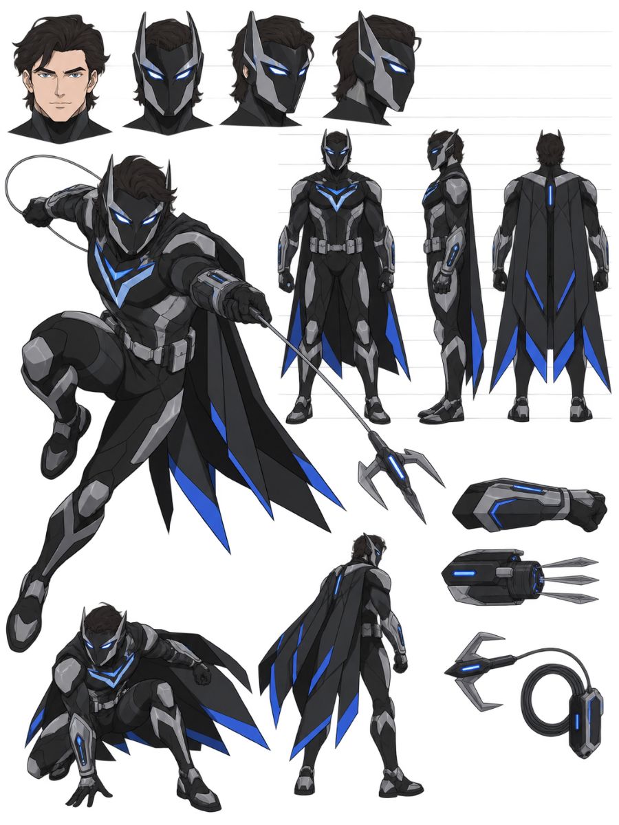 Batman OC Maker red-haired masked detective OC sheet with a cape and costume details