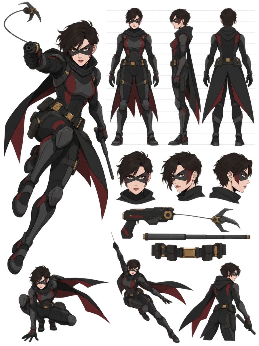 Batman OC Maker blue-armored male vigilante character sheet with suit details and turnaround views