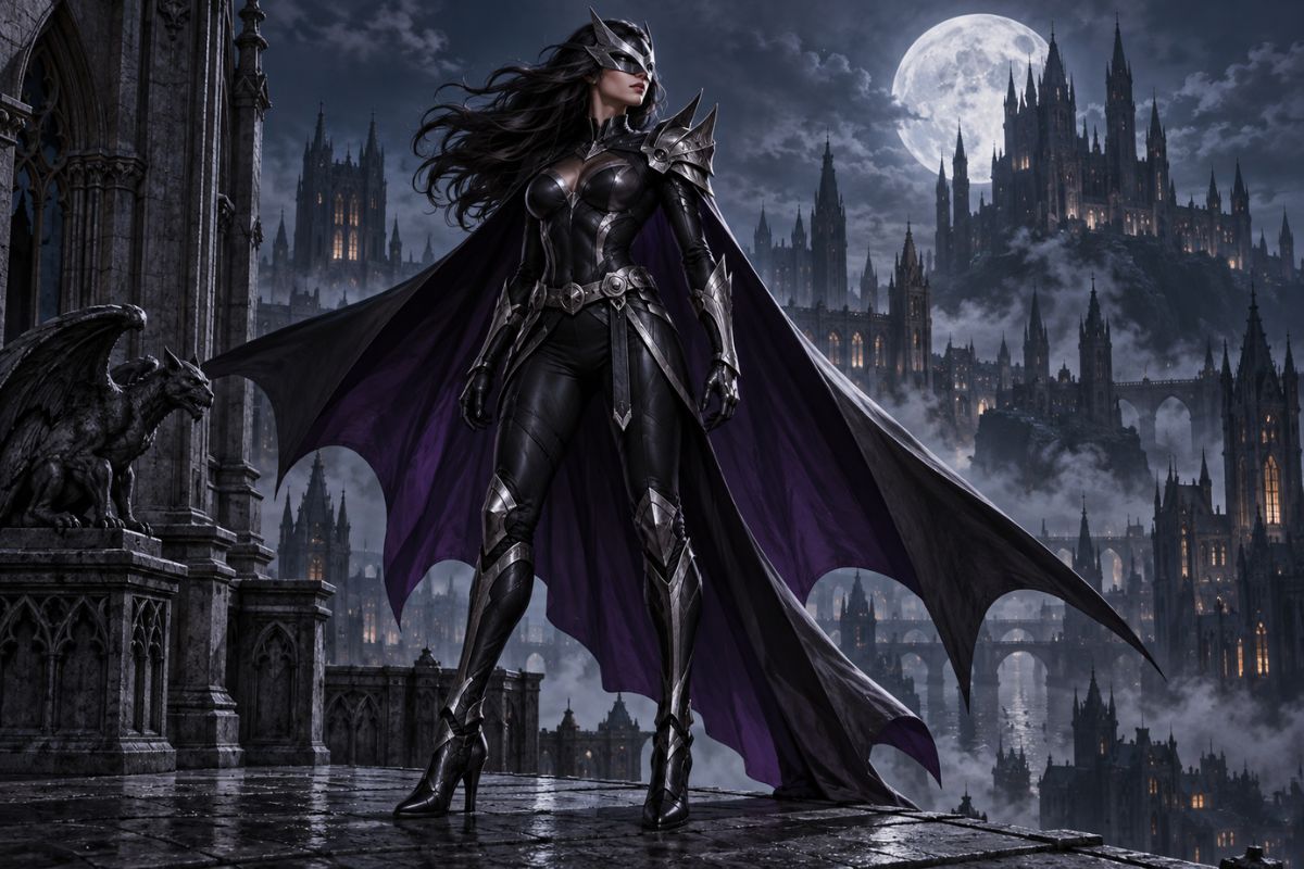 Batman OC Maker artwork of a caped vigilante watching over a moonlit Gotham-style rooftop