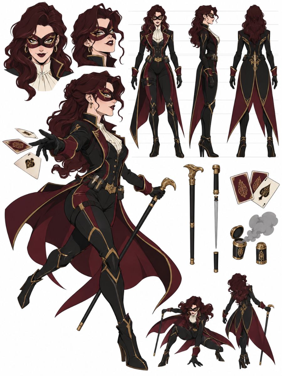 Batman OC Maker female Gotham-inspired vigilante character sheet in a dark original suit