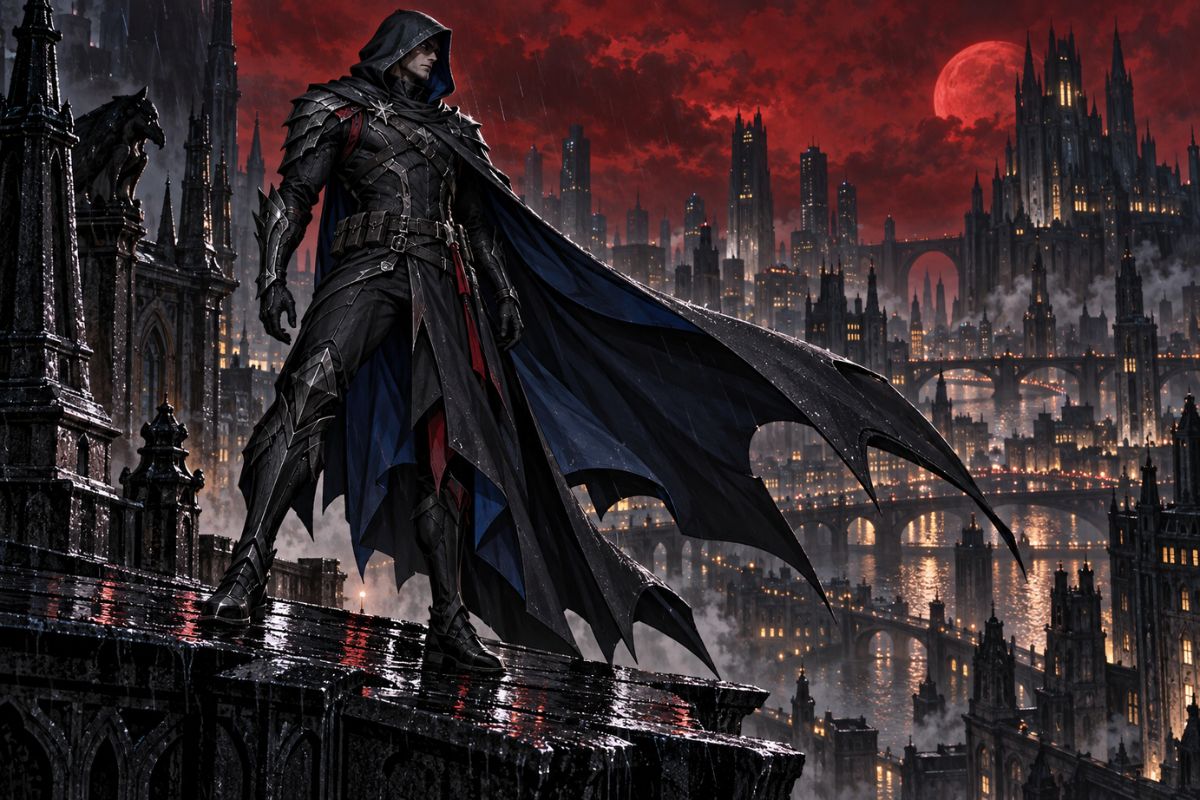 Batman OC Maker hooded vigilante in a dark mask and cape against a dramatic red-moon city