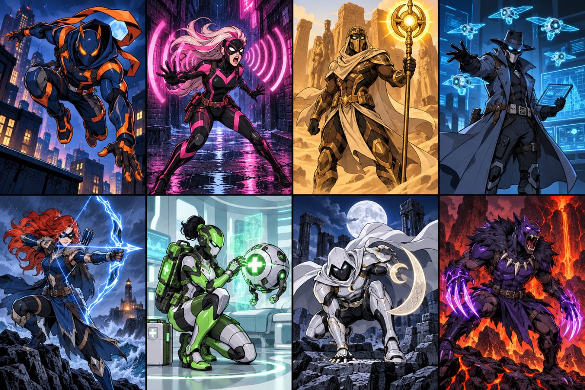 Batman OC Maker superhero team collage showing varied original vigilante suits and character silhouettes