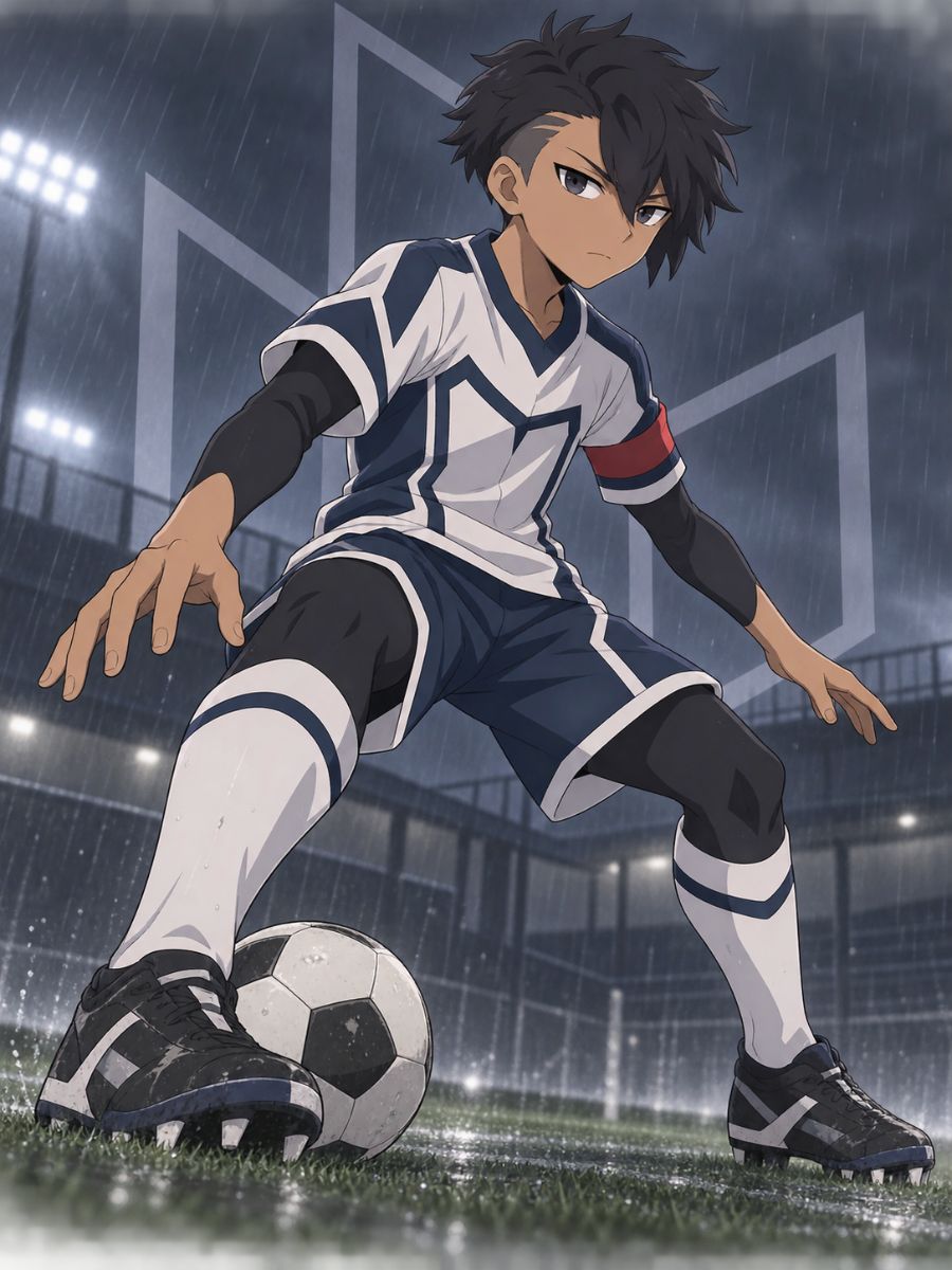 Inazuma Eleven OC dark-haired captain controlling the soccer ball during a rainy night match