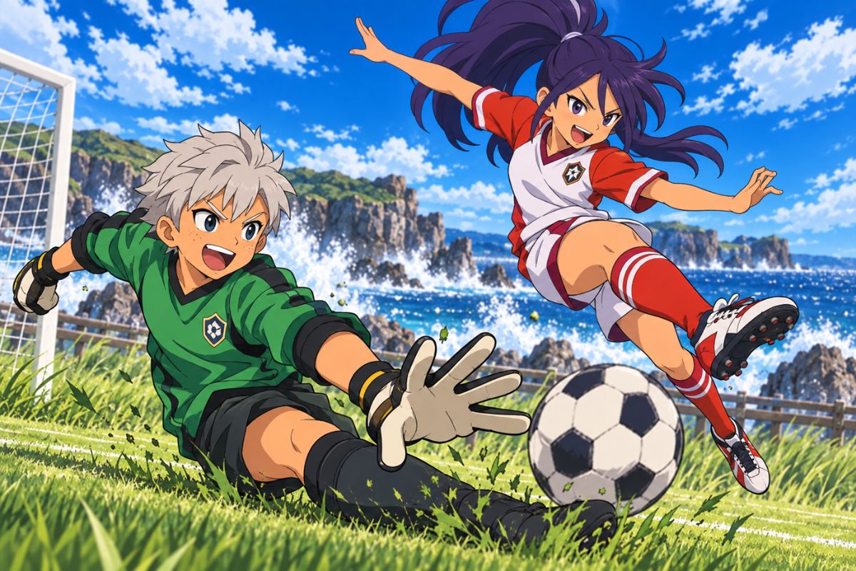 Inazuma Eleven OC striker challenging a goalkeeper for the ball on a sunny coastal soccer field