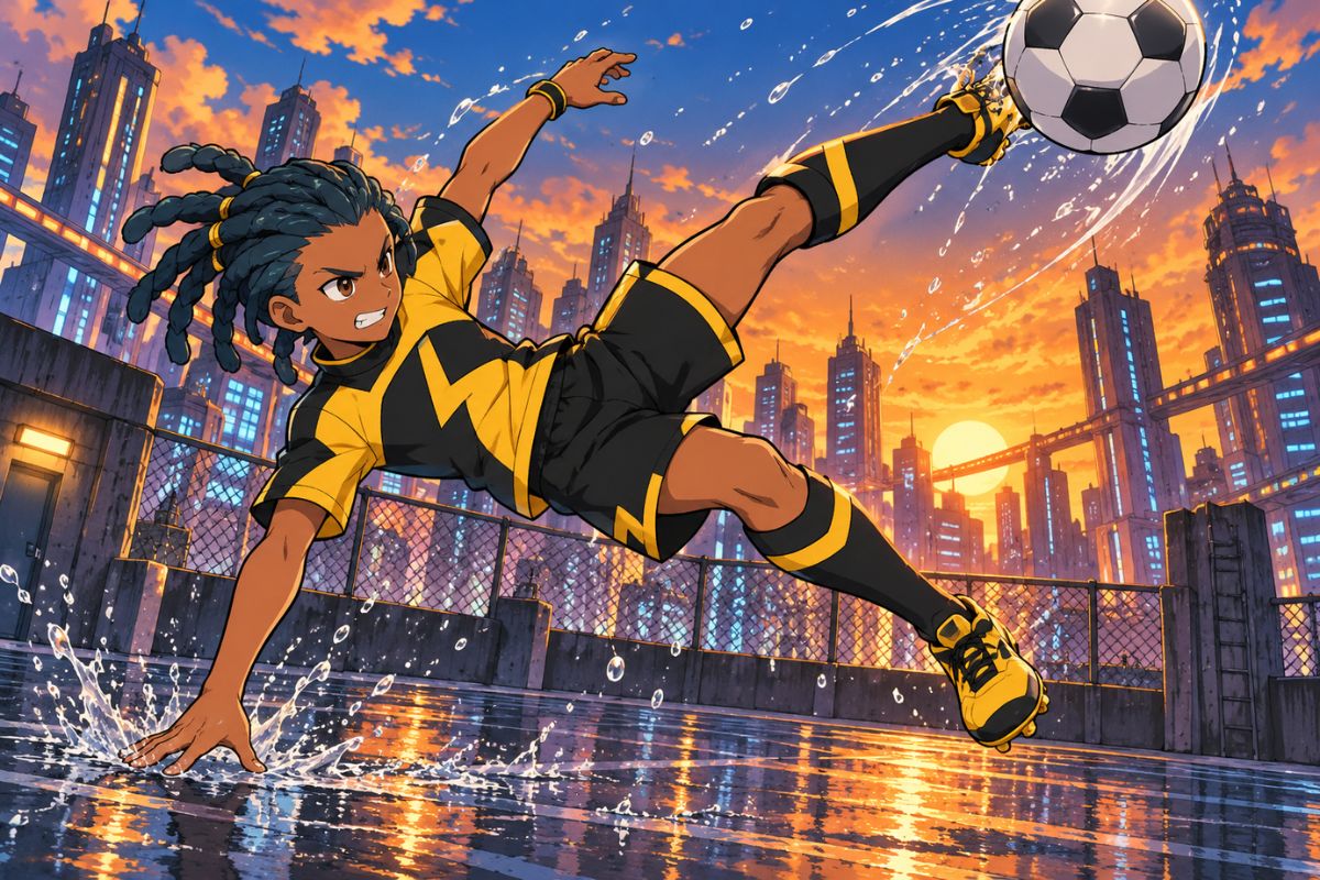 Inazuma Eleven OC player in a black and yellow team uniform performing an acrobatic kick above a city field