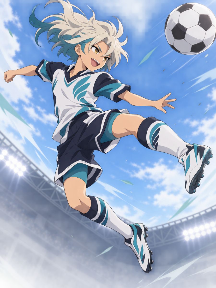 Inazuma Eleven OC white-haired forward performing an aerial kick beneath a bright stadium sky