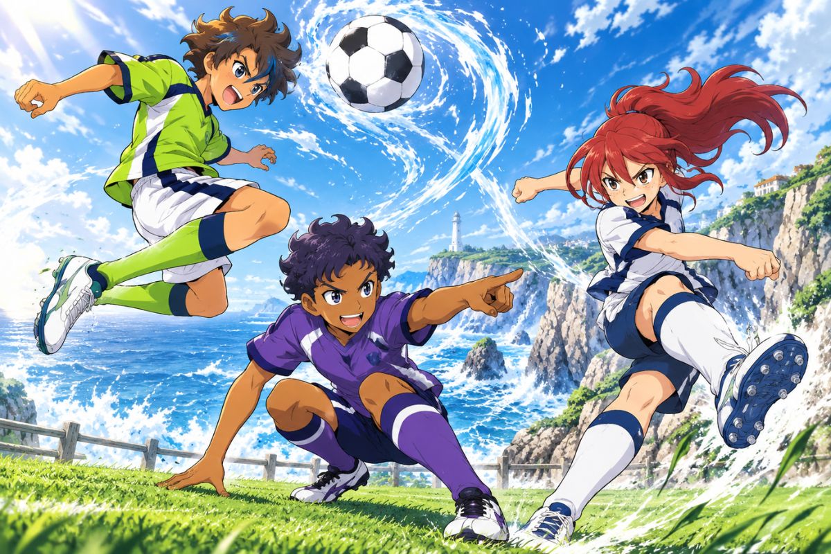 Inazuma Eleven OC trio displaying distinctive hairstyles, soccer uniforms, and player designs on a seaside field