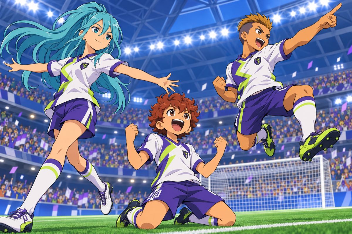 Inazuma Eleven OC soccer team celebrating together in a brightly lit stadium