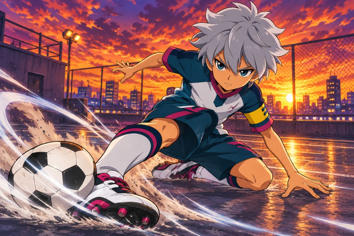 Inazuma Eleven OC white-haired soccer player executing a dramatic sliding kick on a wet field at sunset