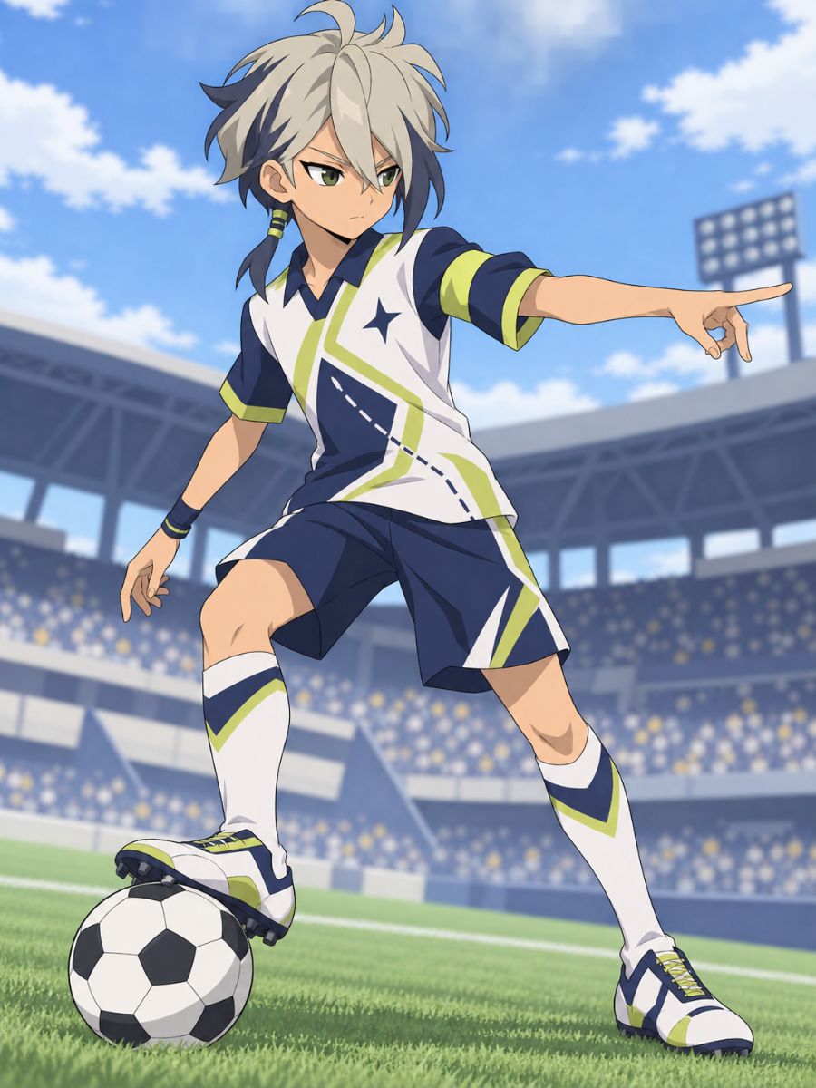 Inazuma Eleven OC white-haired midfielder in a navy and lime uniform on a stadium field