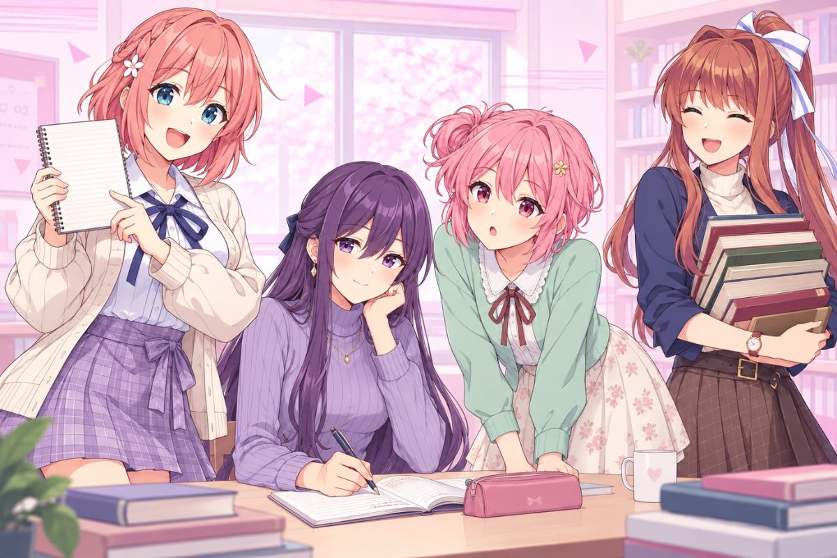 Doki Doki Literature Club OC scene featuring four cheerful students writing together in a bright classroom