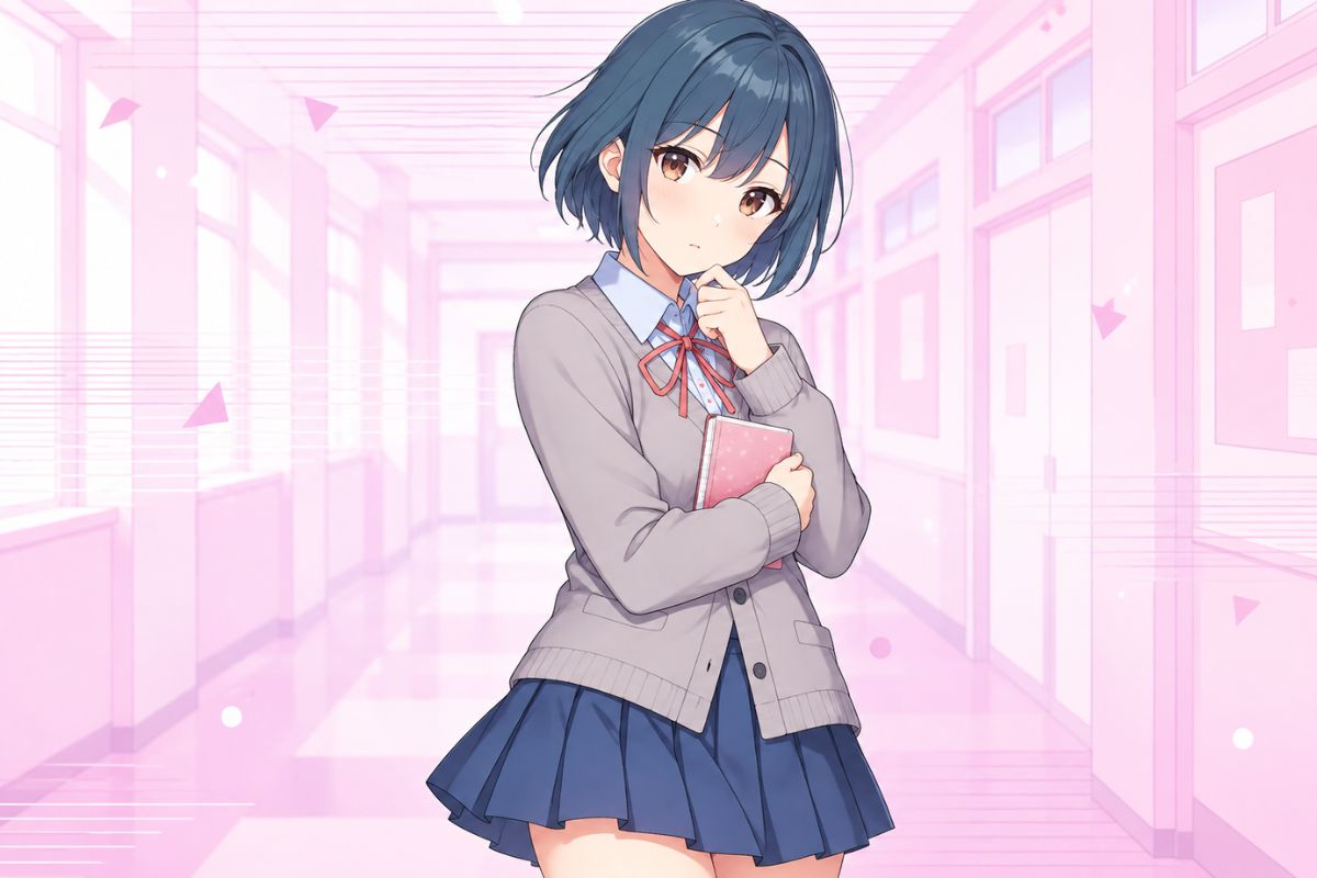 Doki Doki Literature Club OC with a restrained expression and notebook in a pastel school hallway
