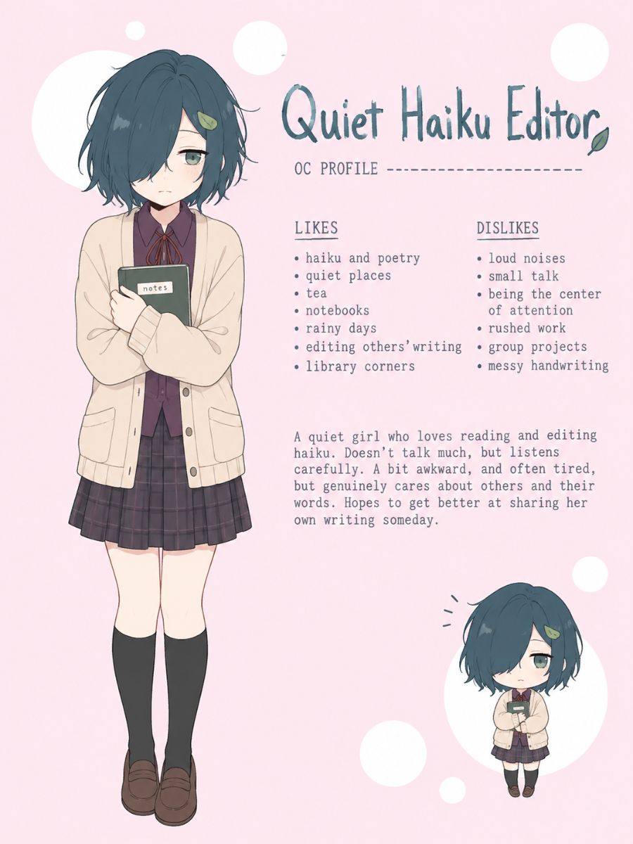 Doki Doki Literature Club OC character sheet for a quiet haiku editor holding a notebook