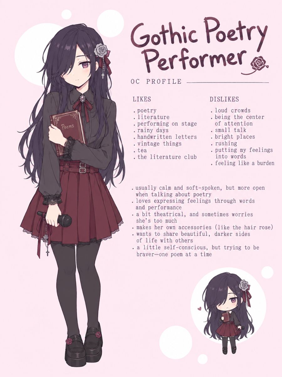 Doki Doki Literature Club OC character sheet featuring a gothic poetry performer with a poetry book and microphone