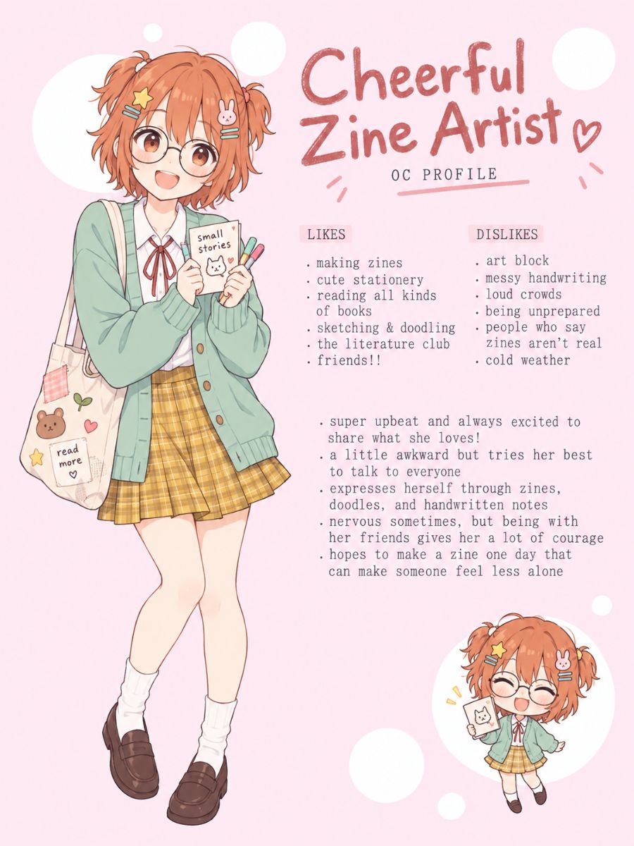 Doki Doki Literature Club OC character sheet of a cheerful zine artist carrying stationery and small stories