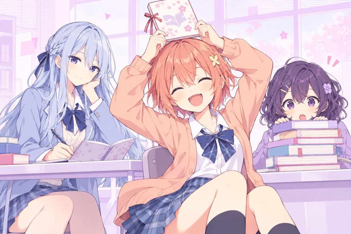 Doki Doki Literature Club OCs wearing coordinated personalized school uniforms during a classroom book club meeting