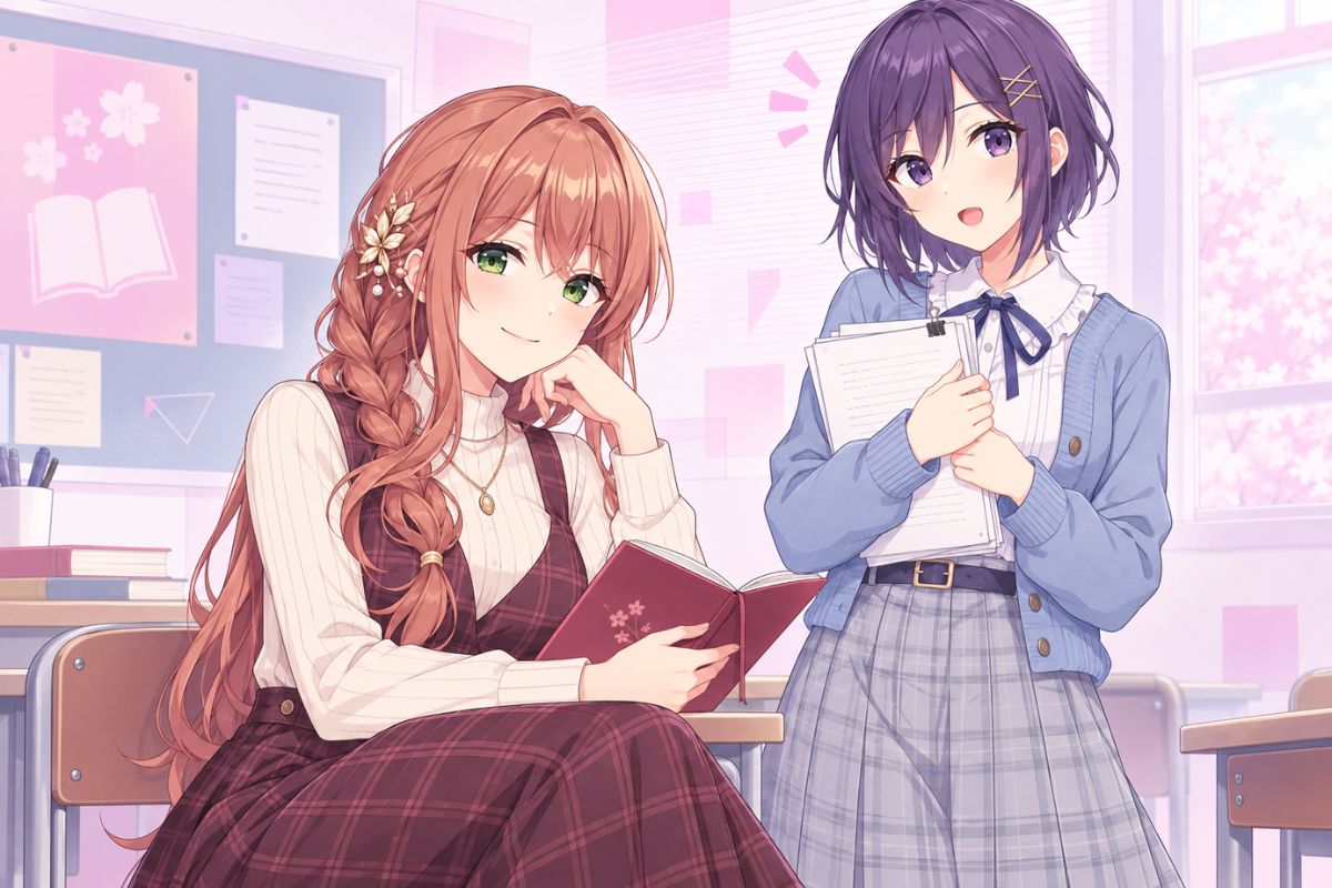 Doki Doki Literature Club OCs writing together with notebooks and poetry drafts in the clubroom