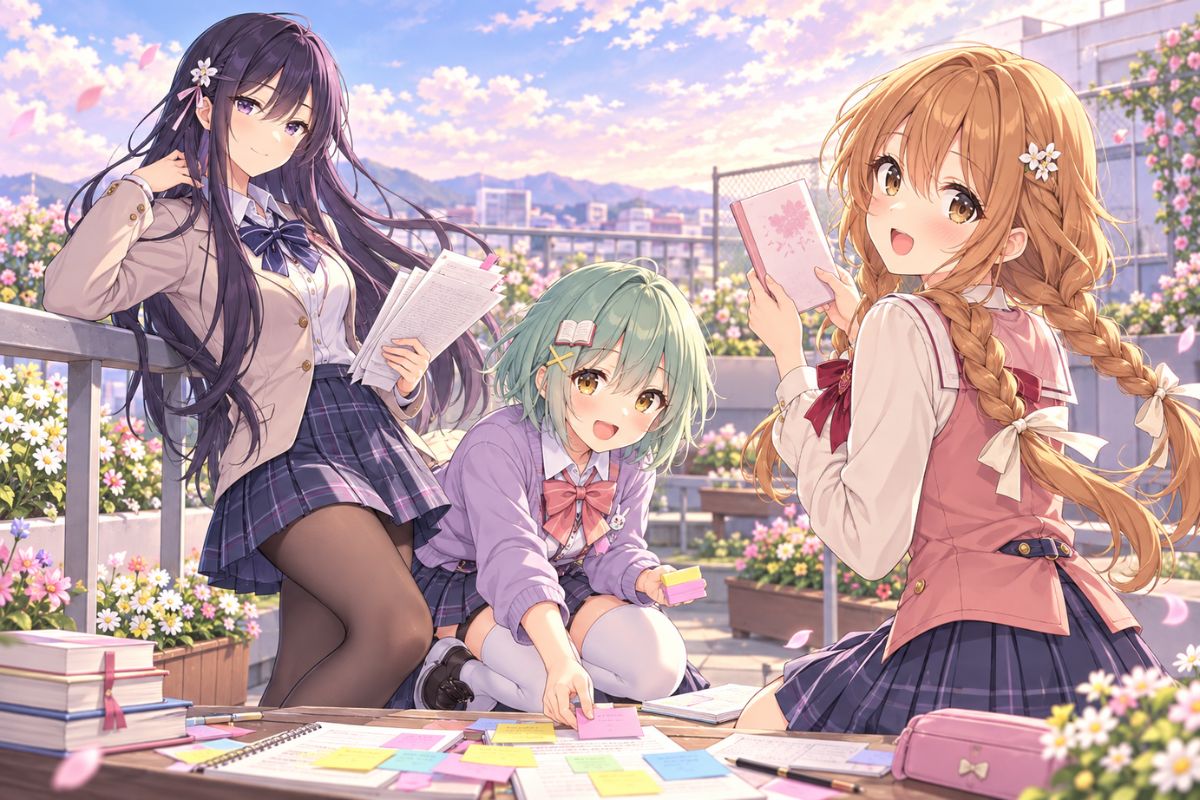 Doki Doki Literature Club OCs sharing poetry, books, and writing ideas on a flower-filled school rooftop