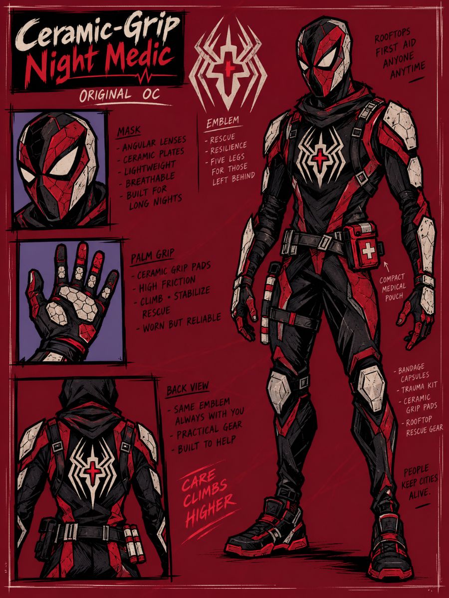 Spider Man OC Maker character sheet for a ceramic-grip night medic with rooftop rescue gear