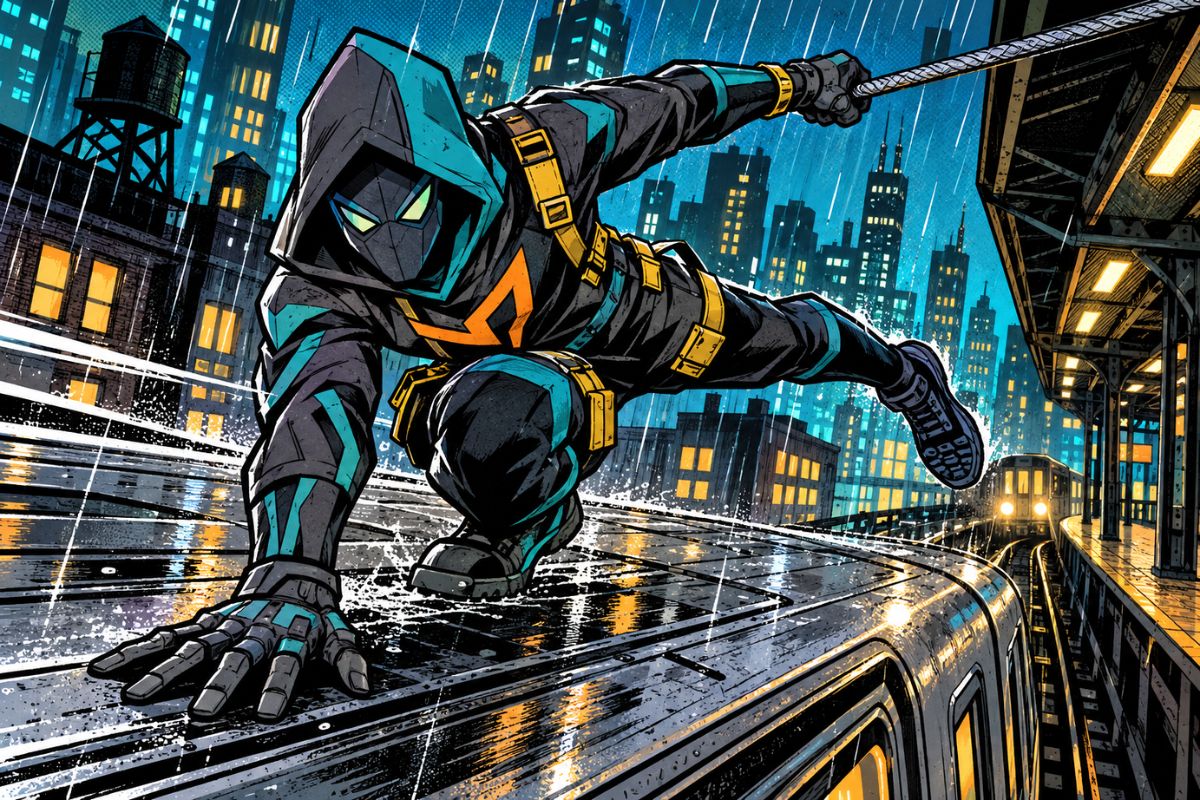 Spider Man OC Maker hooded urban vigilante swinging above a rain-soaked railway rooftop at night