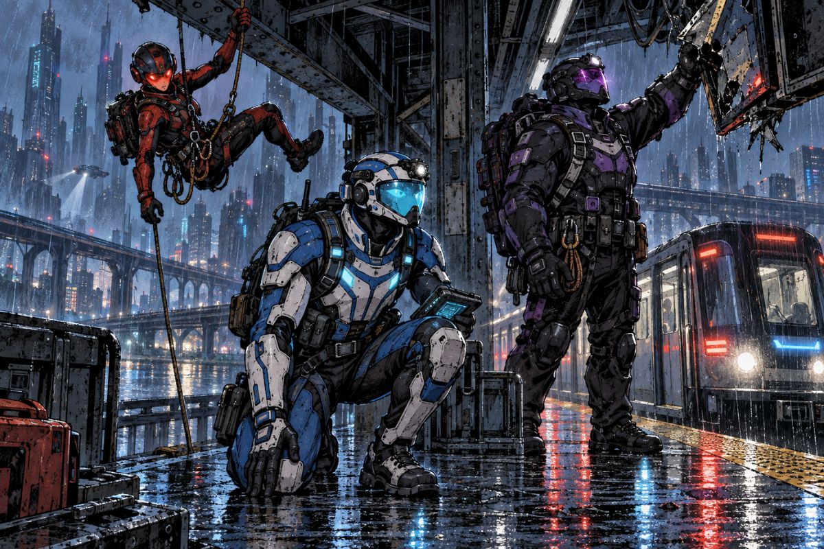 Spider Man OC Maker futuristic rescue team performing an urban action mission in a rainy transit station
