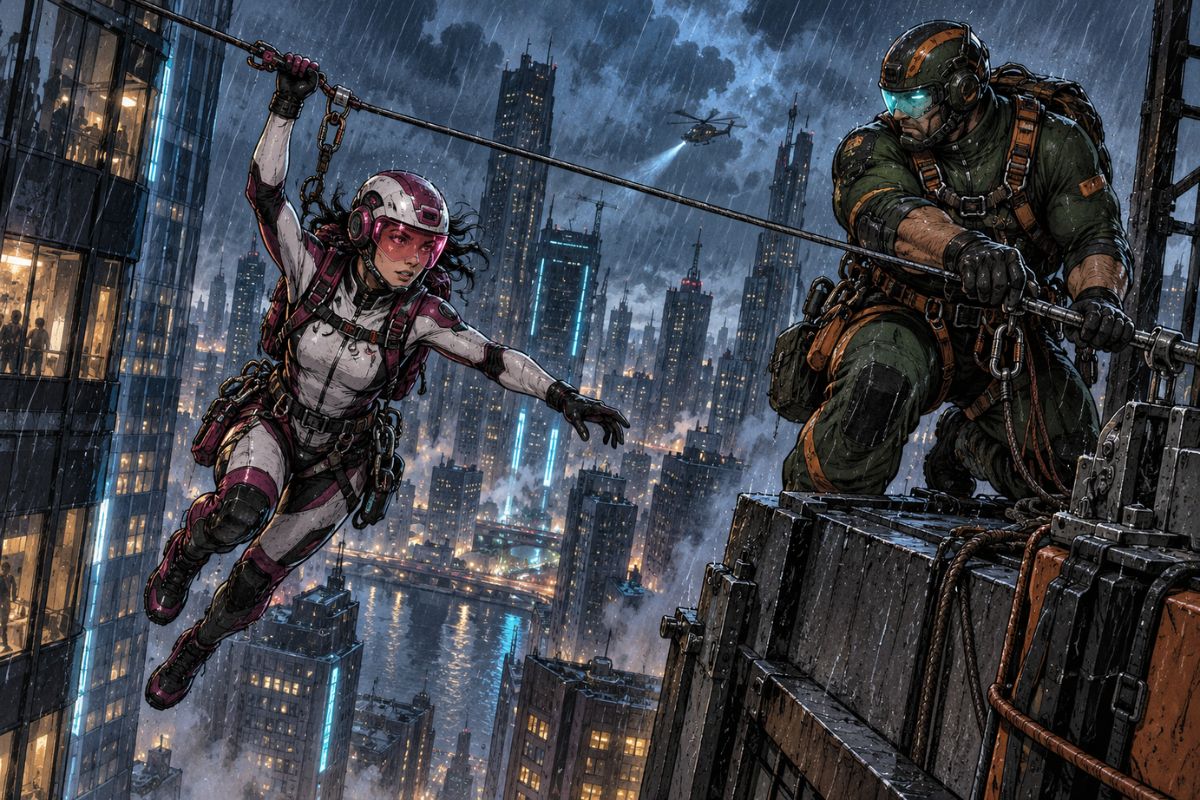 Spider Man OC Maker rooftop rescue duo wearing customized technical suits and climbing equipment in the rain