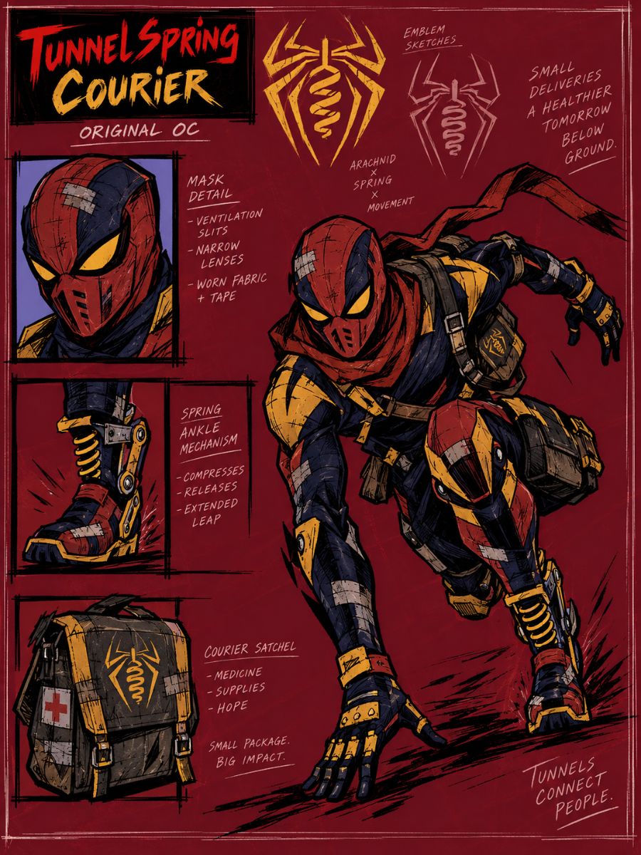 Spider Man OC Maker character sheet for a tunnel spring courier with medical supplies and mechanical boots