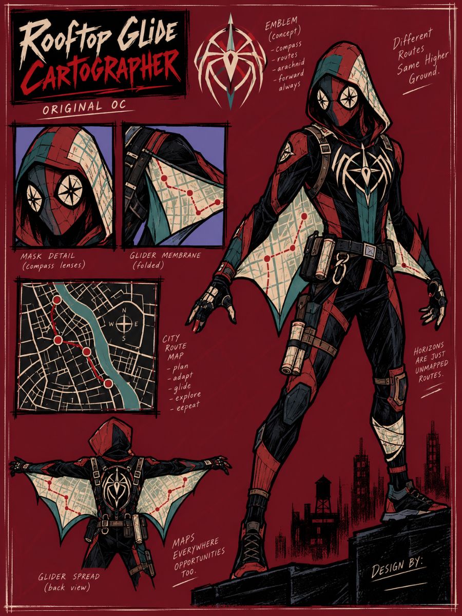 Spider Man OC Maker character sheet for a rooftop glide cartographer with map-patterned glider wings