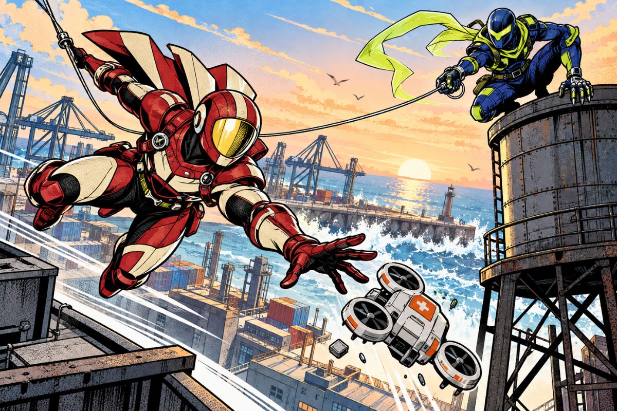 Spider Man OC Maker harbor rescue duo using distinct hero suits and mobility gear at sunset