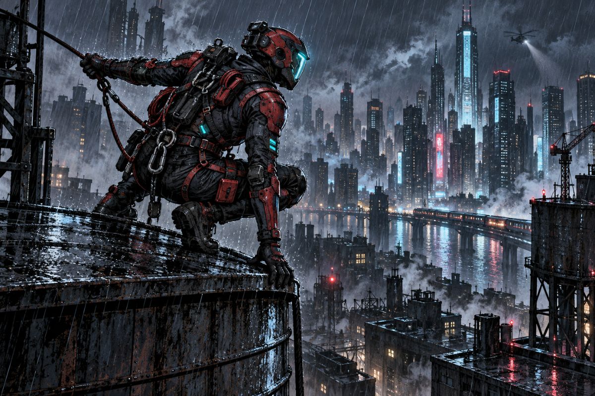 Spider Man OC Maker cyberpunk vigilante crouching on a rain-soaked rooftop above a glowing city