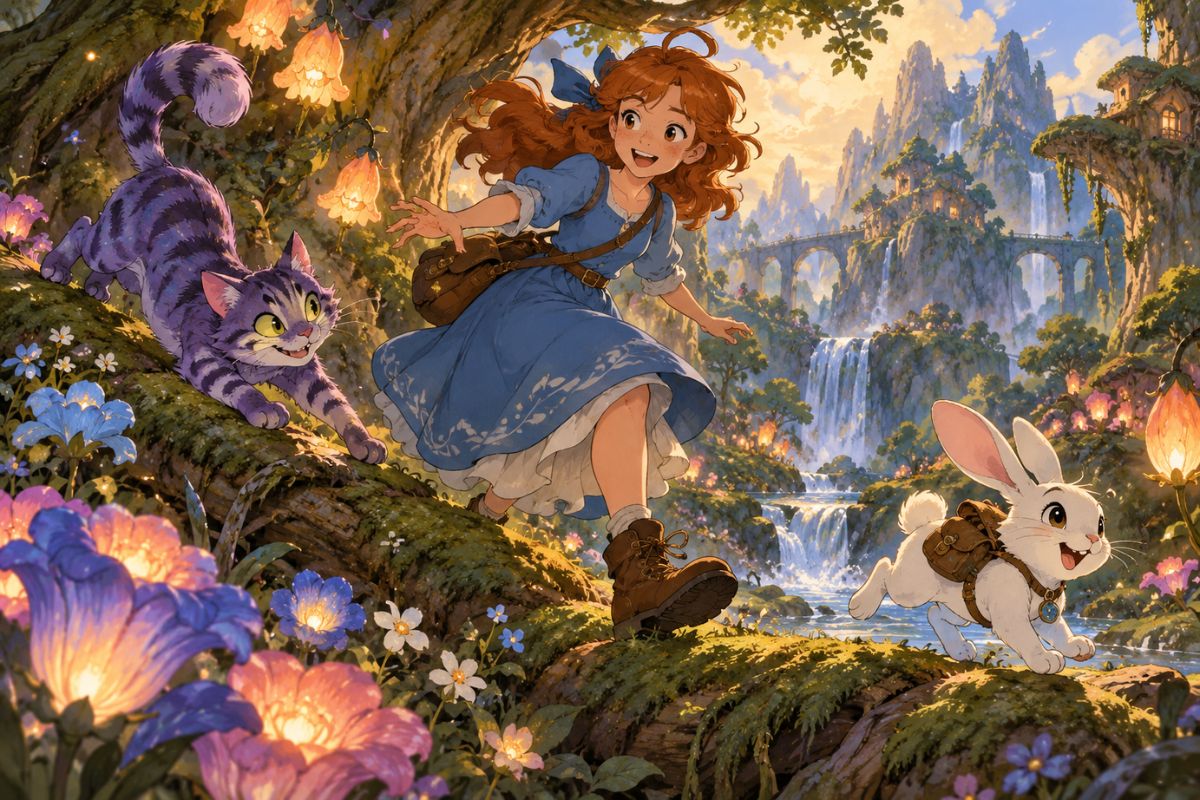 Alice in Wonderland OC Maker scene featuring an original porcelain botanist crossing a giant dew-covered chessboard garden with a self-winding brass umbrella