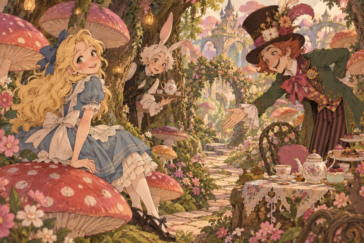 Alice in Wonderland OC Maker scene showing a tiny door surveyor measuring a towering keyhole inside a vast mossy conservatory