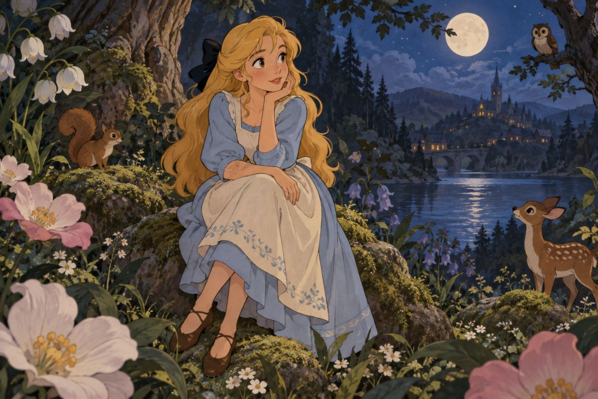 Alice in Wonderland OC Maker moonlit forest scene showing an original character surrounded by woodland animals beside a quiet lake