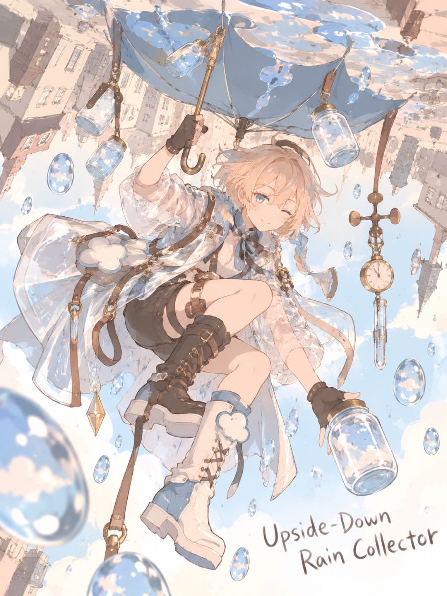 Alice in Wonderland OC Maker character art showing an original upside-down rain collector catching rising droplets beneath a root ceiling in a twilight garden