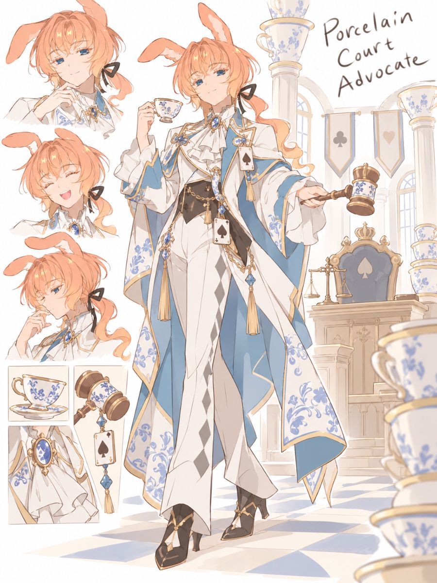 Alice in Wonderland OC Maker character sheet showing an original porcelain court advocate presenting a ribbon of evidence in an amber shell courtroom