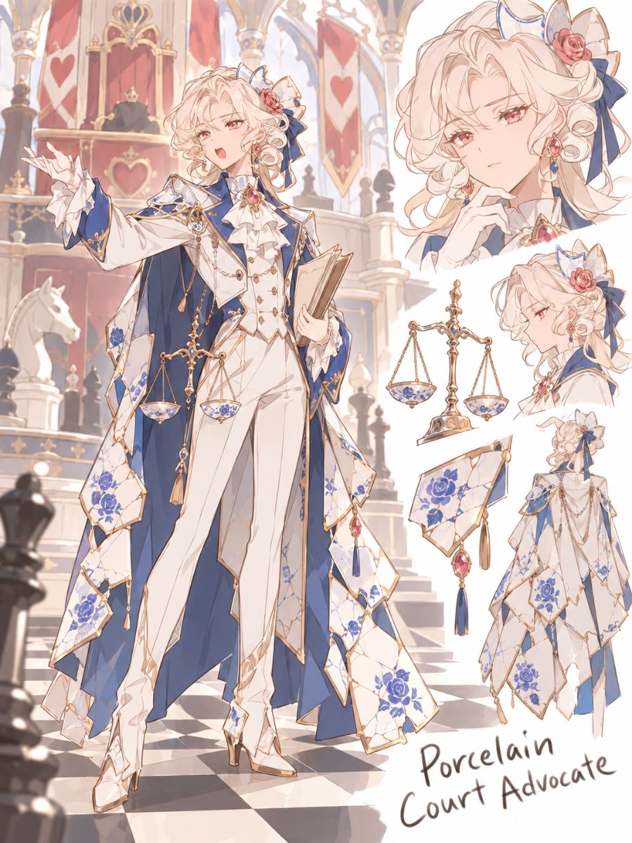 Alice in Wonderland OC Maker character art showing an alternate original porcelain court advocate with scales and storybook courtroom details
