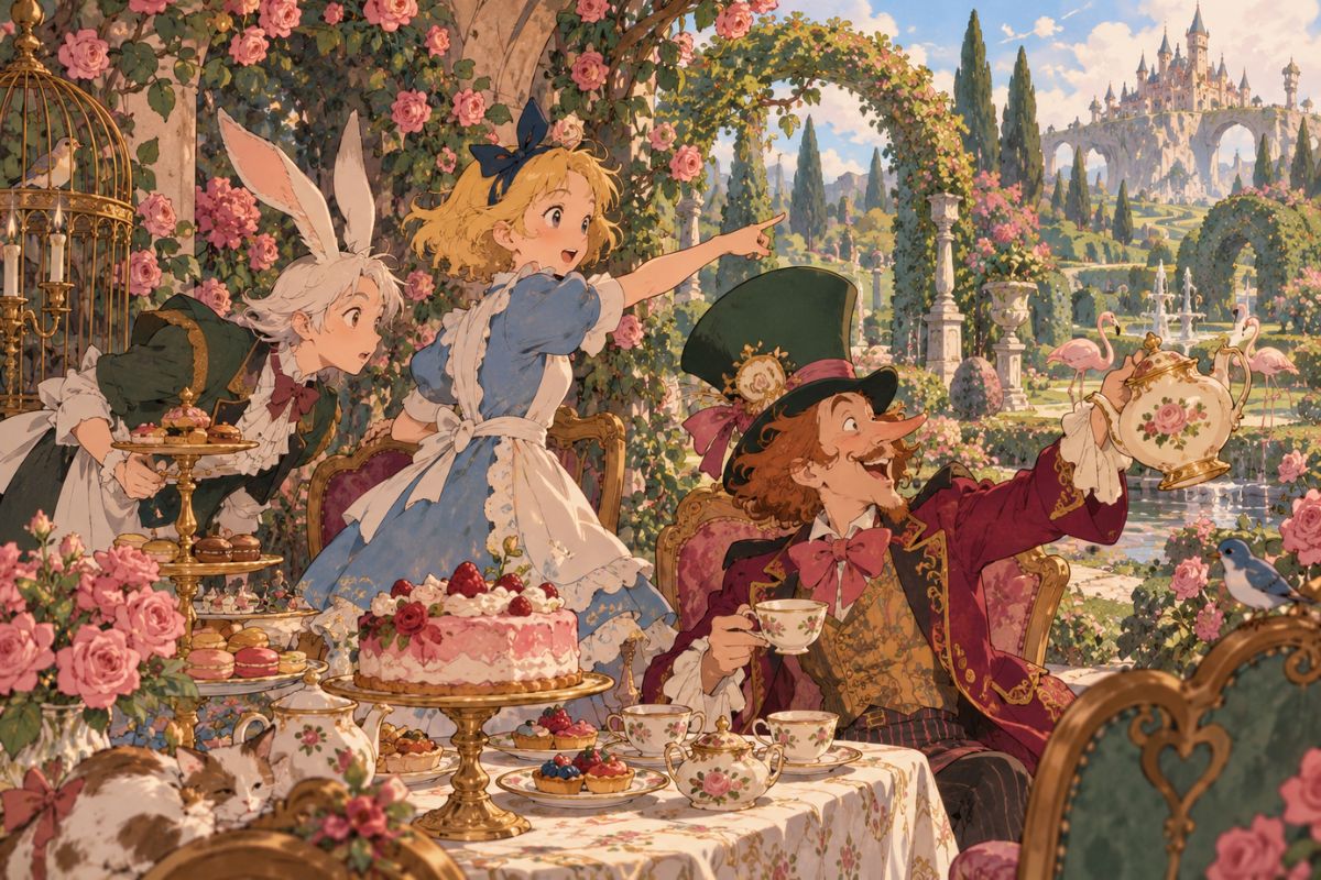 Alice in Wonderland OC Maker tea party scene showing an original etiquette-bound character in a rose garden with mismatched cups