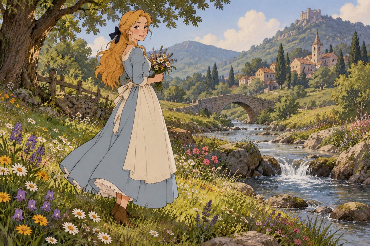 Alice in Wonderland OC Maker character scene showing an original storybook traveler beside a riverside village and stone bridge