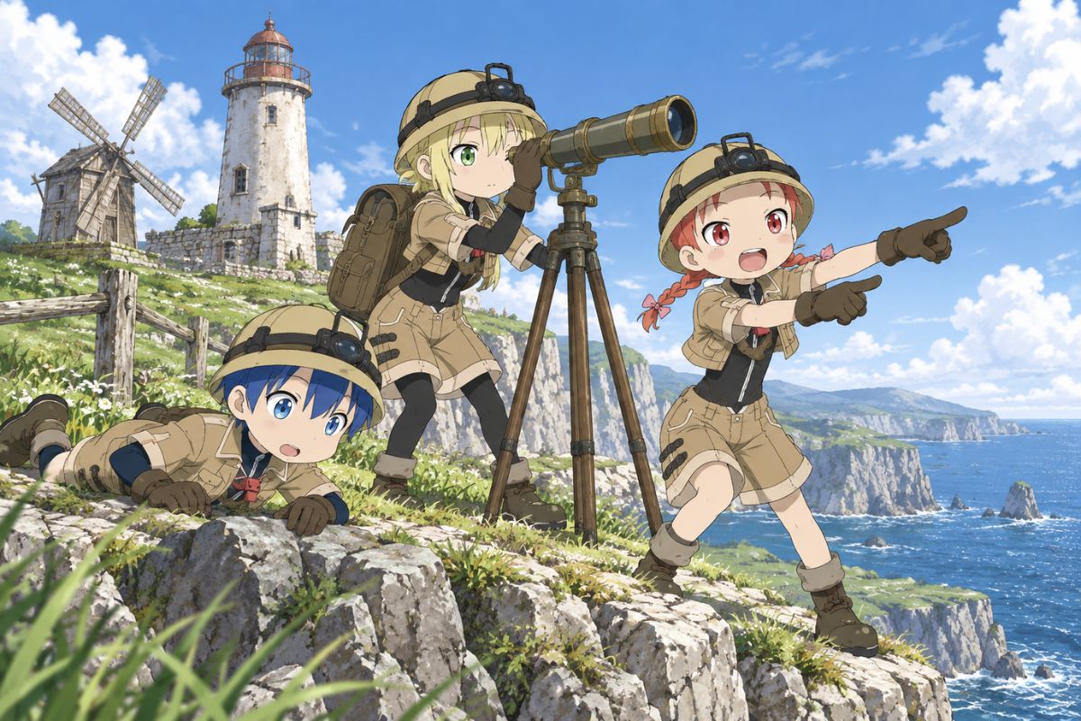 Made in Abyss OC Maker scene showing an original delver team with specialized survey gear near a coastal lighthouse.