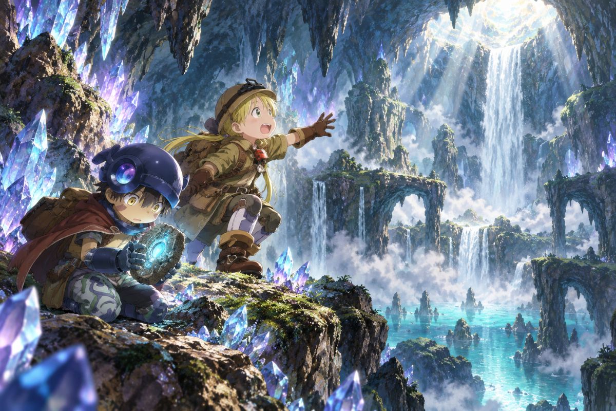 Made in Abyss OC Maker scene showing an original delver team exploring a crystal cave with relic light and dangerous depth.