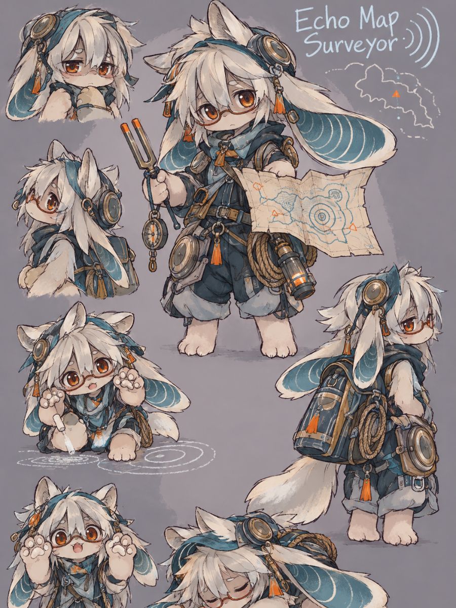 Made in Abyss OC Maker character sheet showing an original echo map surveyor OC with expedition gear and a relic map.