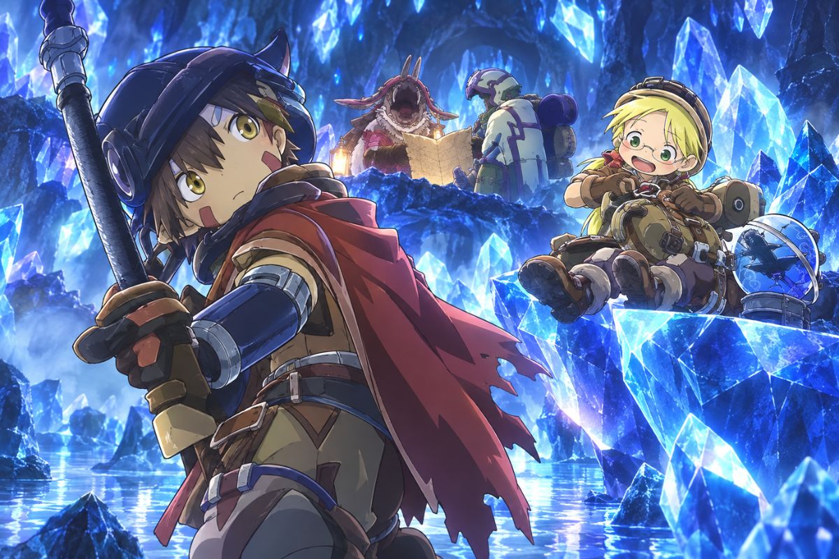 Made in Abyss OC Maker artwork showing original cave explorers with unusual adaptations in a luminous waterfall cavern.