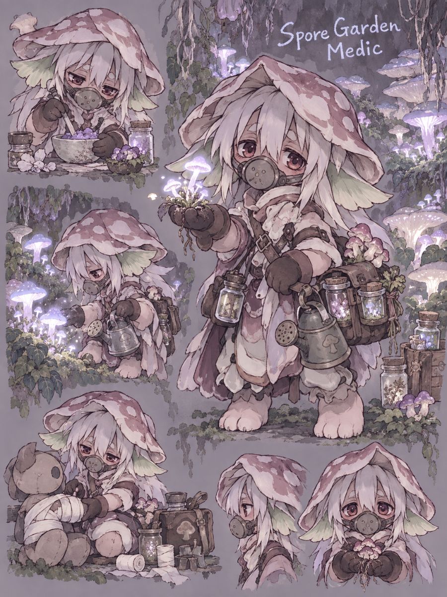 Made in Abyss OC Maker character sheet showing an original spore garden medic OC gathering healing fungi in a cavern.