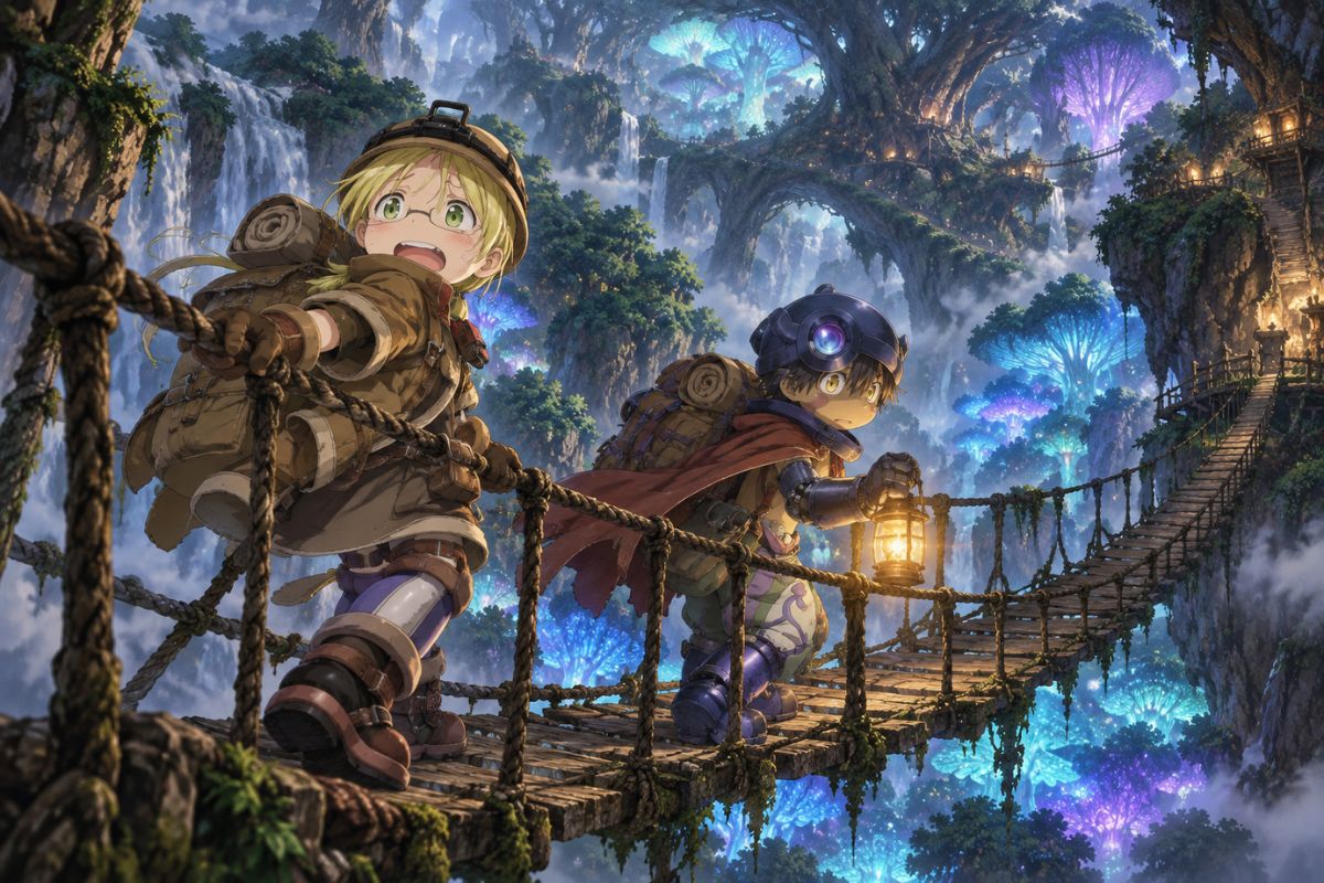 Made in Abyss OC Maker scene showing original cavern explorers crossing a glowing bridge inside a living abyss layer.