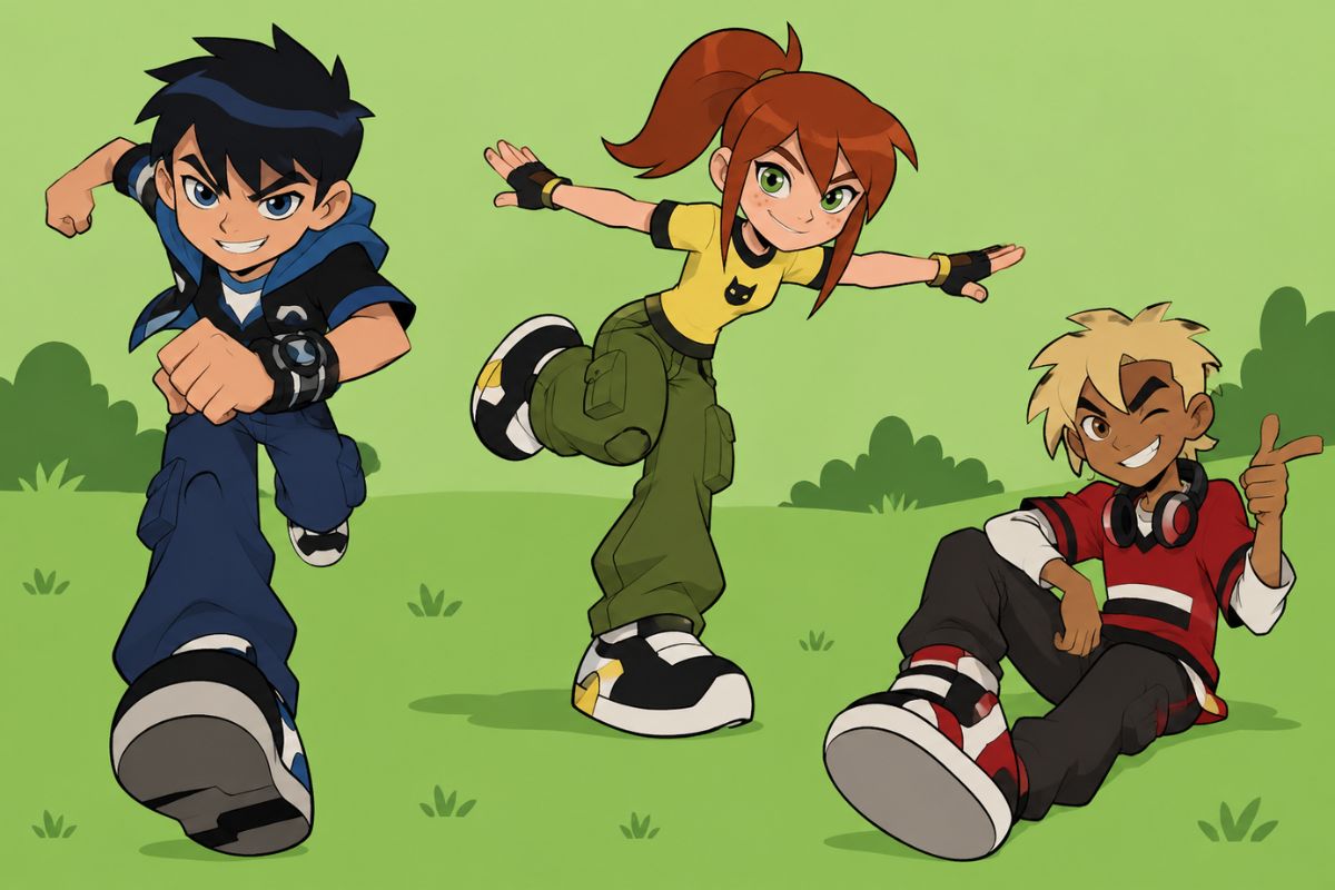 Ben 10 OC Maker action scene showing an original alien hero team using distinct powers in a dynamic setting.