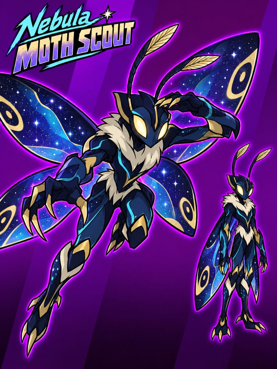 Ben 10 OC Maker character art showing an original four-winged Nebula Moth Scout alien form in a night sky.